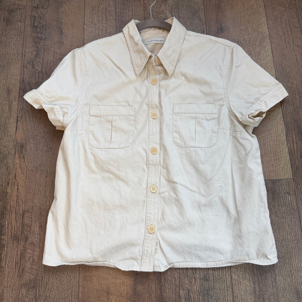 Vintage Banana Republic BR Chino Safari Shirt Cream Cotton Short Sleeve Size M